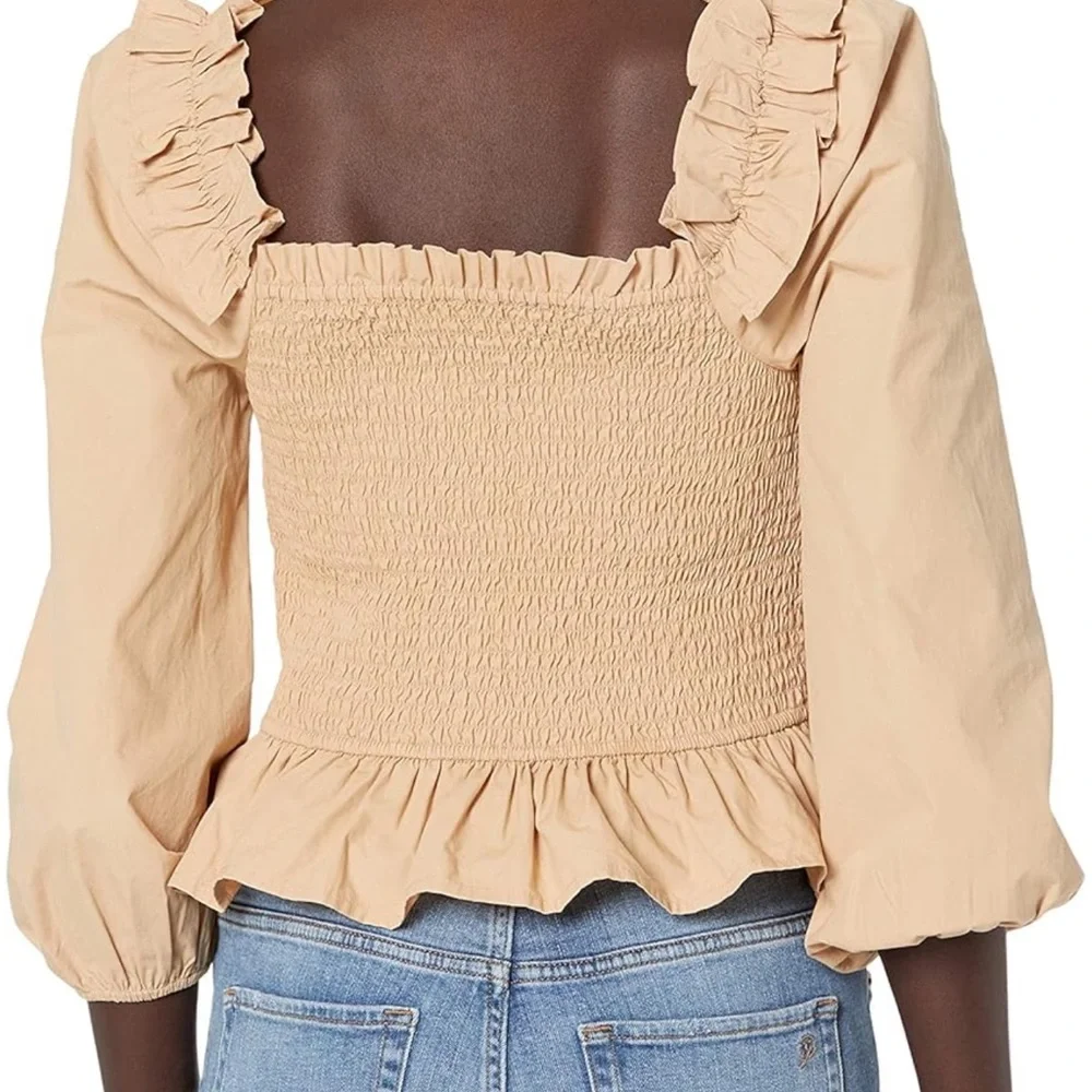NWT The Drop Women's Marisol Long-Sleeve Ruffle Smocked Top Tan medium Amazon‎